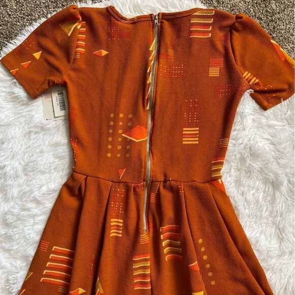 LULAROE Amelia Dress Zip Fit N Flare Triangles Pockets New Burnt Orange Size XS - Picture 6 of 10